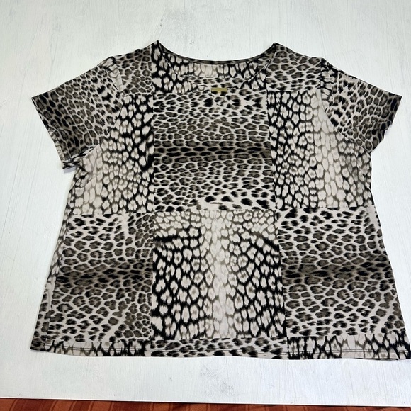 Tops - Petite Large Animal Print Patchwork Top Stretch Short Sleeve Blouse